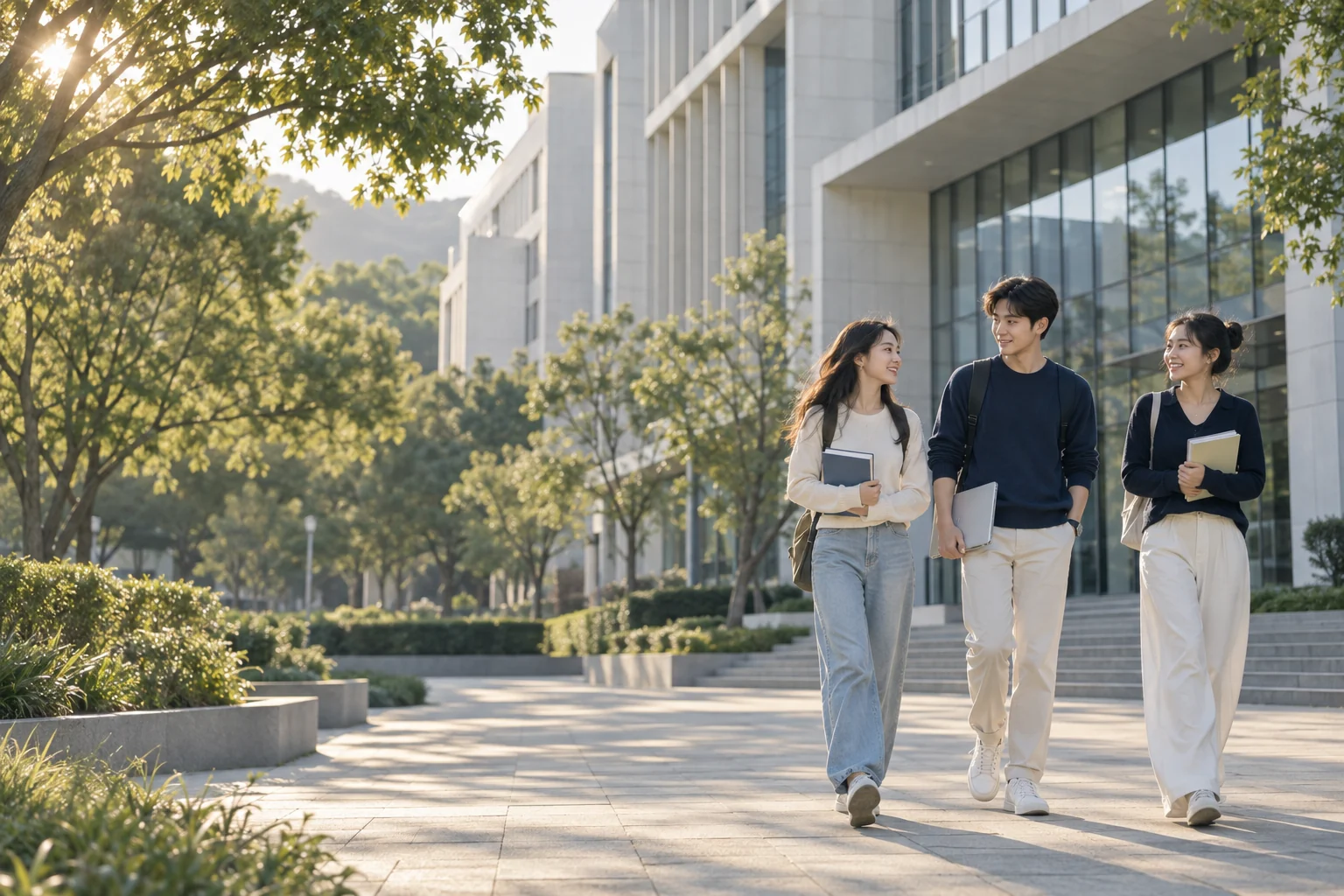 原创校园主题画面：年轻学子在绿意与阳光中走向现代教学楼